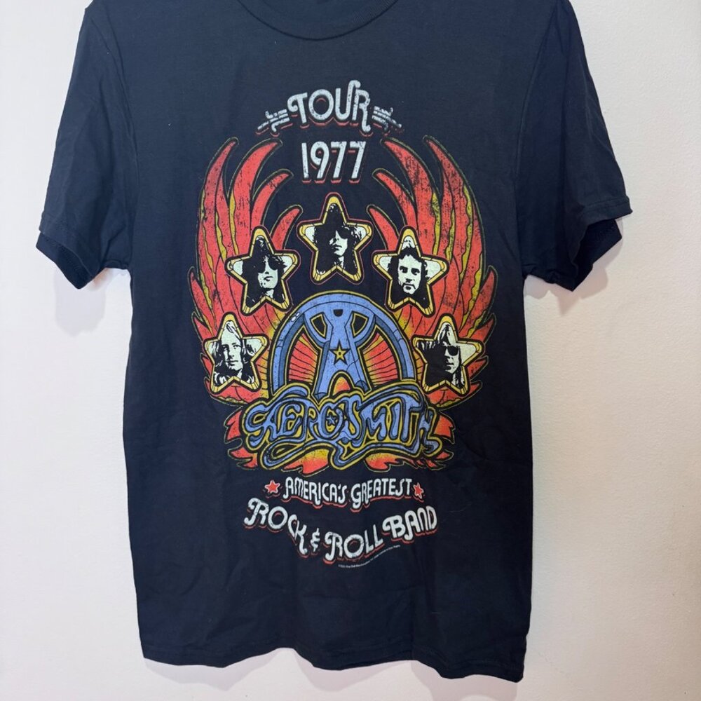 Aerosmith 1977 Tour Graphic Tee Black Short Sleeve 100% Cotton Shirt
